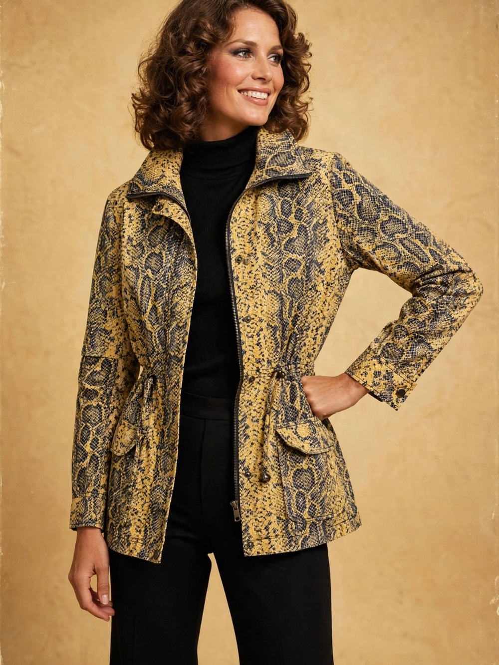 Vintage Flair Snake-Print Drawstring Waist Utility Jacket in Excellent Condition